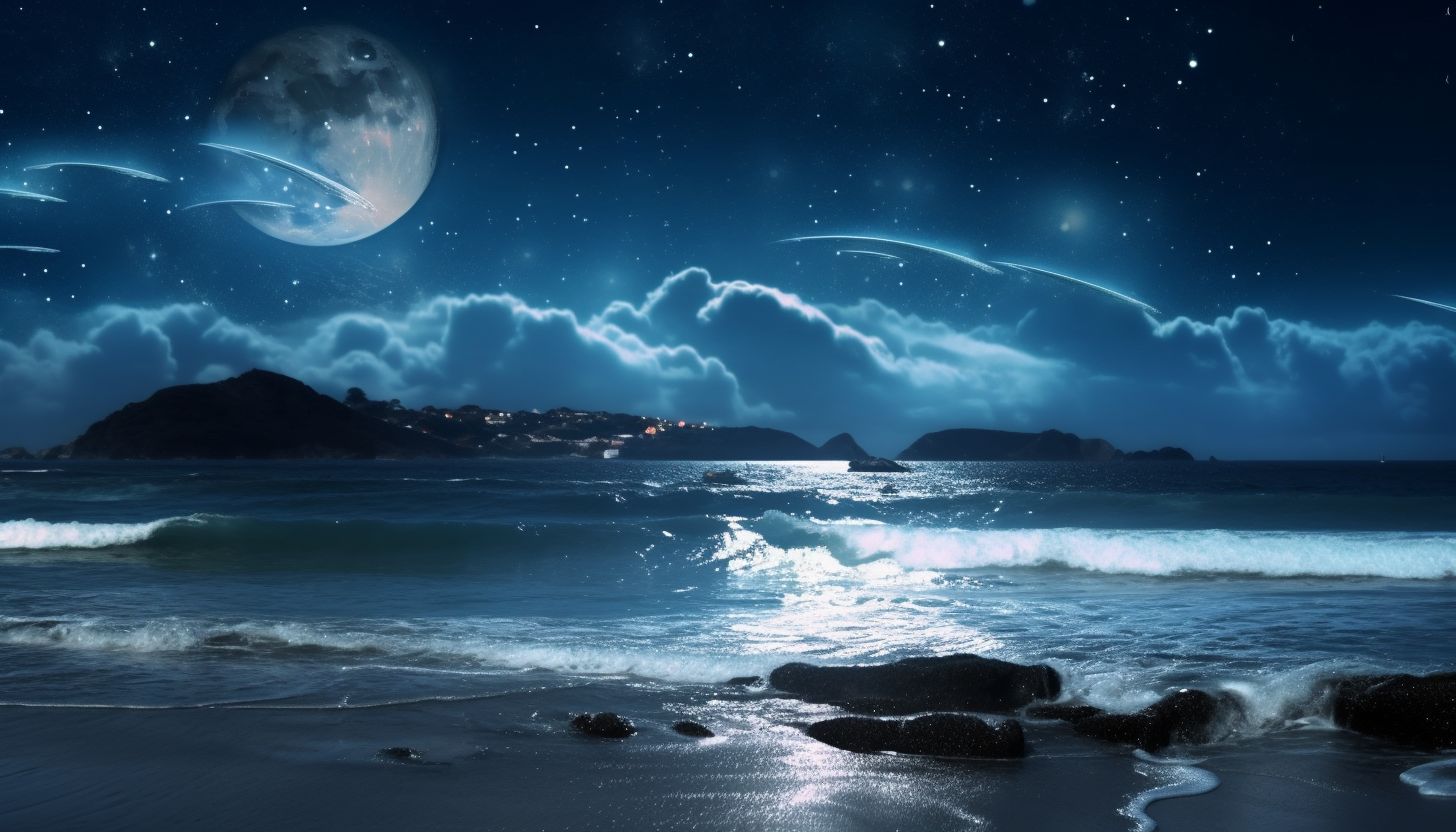 At the seaside on a moonlit night, waves crash onto the beach while the big, round moon hangs in the sky, accompanied by numerous shining stars. In the distance, a military ship is visible with twinkling lights, and nearby a few dolphins jump out of the ocean surface.